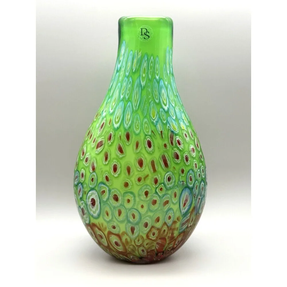 VTG DS Studio Green Peacock Eye Murrine Glass Vase Millefiori Murano Style 12.5